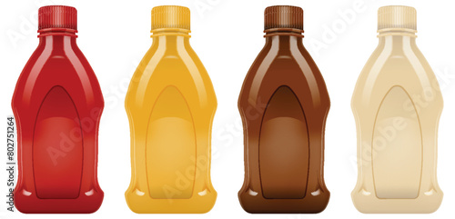 Four bottles with different colored condiments