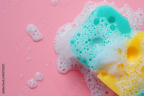 Colorful Cleaning Sponge with Sudsy Foam on Pink Surface