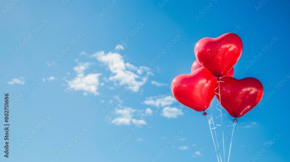 Heartshaped balloons floating against a clear blue sky, perfect for celebrations and special occasion marketing