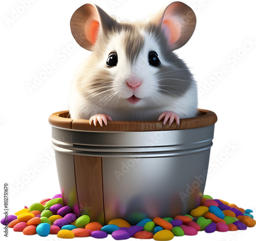 A chubby grey hamster peeking out of a wooden bucket.  photo
