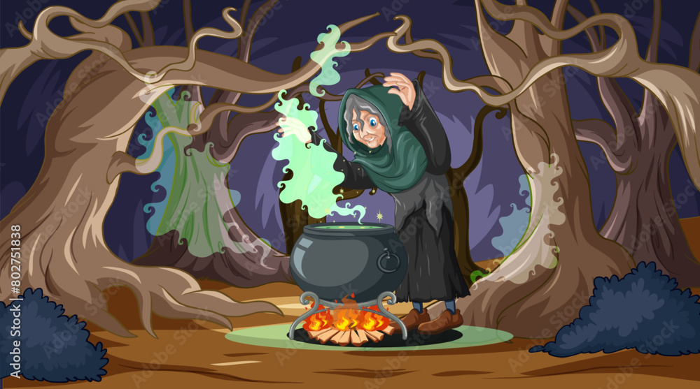 Witch stirring a magical potion in dark forest
