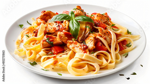 Plate with tasty cajun chicken pasta on white background