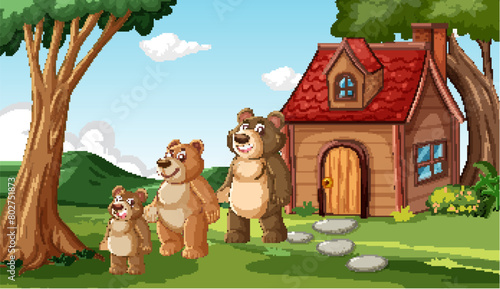 Cartoon bears by their house in the woods