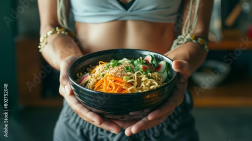 Fitness enthusiast choosing a healthy version of instant noodles, highlighting dietary options and wellness