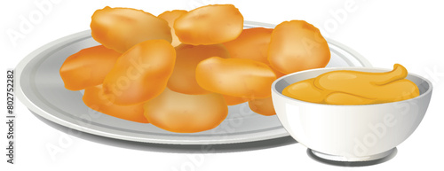 Plate of chicken nuggets with a bowl of sauce.