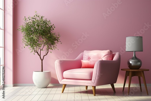 Living room interior with pink armchair  lamp and plant