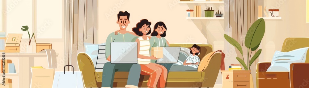 Family happily shopping online from home, laptop displaying Black Friday sales, promoting a comfortable shopping experience Family happily shopping online from home, laptop displaying Black Friday sales, promoting a comfortable shopping experience