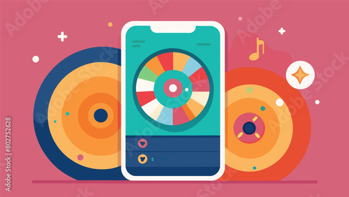 The app also offers a spin the wheel feature where users can discover new songs or artists in a fun retrostyle way. Vector illustration