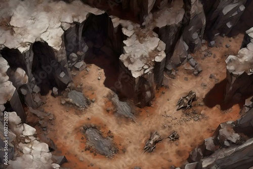 DnD Battlemap bones, scattered, mountain, cave, discovery, mystery