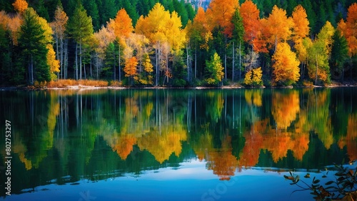 A Beautiful Painting of Nature s Tranquil Lake  Nature s Beauty Green Banks and Reflected Trees in a Crystal-Clear Lake  Serene Landscape Trees Reflected on the Crystal Waters of a Beautiful Lake 