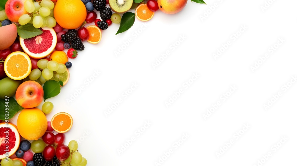 Fruits and berries on white background, top view with space for text Fruits and berries on white background, top view with space for text