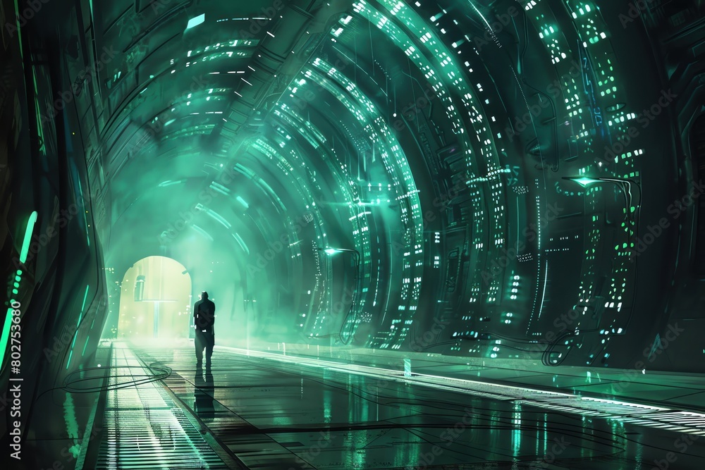 Design a scene where a lone adventurer navigates through a labyrinthine futuristic facility Design a scene where a lone adventurer navigates through a labyrinthine futuristic facility