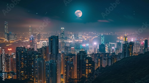 Wallpaper Mural Dramatic cityscape with the moon prominently displayed above skyscrapers, blending urban life with celestial wonder Torontodigital.ca