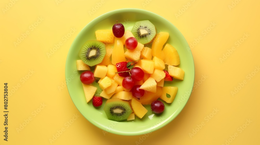 Plate with fresh fruit salad on yellow background, top view. Healthy food Plate with fresh fruit salad on yellow background, top view. Healthy food