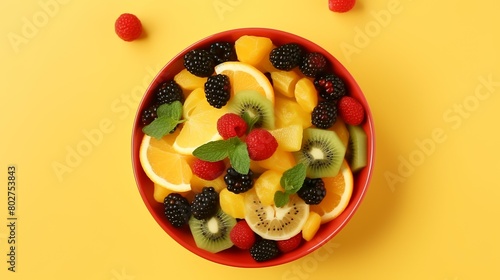 Plate with fresh fruit salad on yellow background  top view. Healthy food