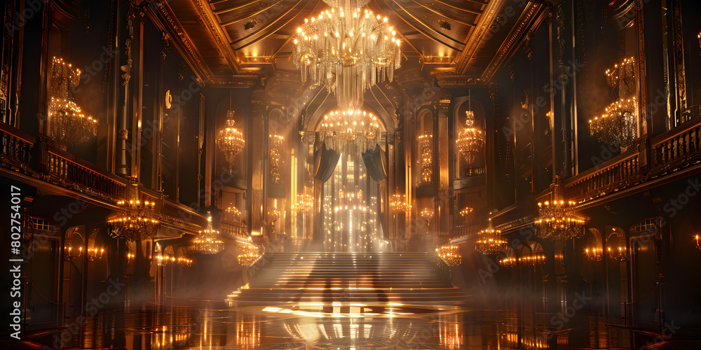 A realistic fantasy gold black interior of the royal palace, A painting of a large hall 
