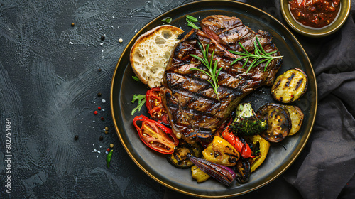 Plate with tasty grilled vegetables steaks and bread o