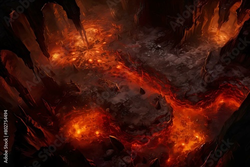 DnD Battlemap cavern, flames, mysterious, fiery, underground, expanse