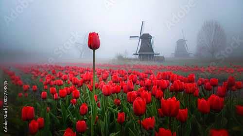 Misty morning at the tulip field with windmill