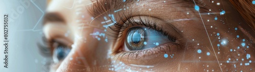 Closeup of a woman s eye with futuristic digital graphics overlay, promoting advanced contact lens technology photo