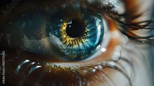 Stunning Close-Up of a Human Eye with Deep Blue Iris and Detailed Eyelashes