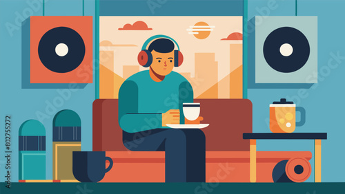 A solitary individual tucked away in a cozy booth headphones on and completely lost in the music as they savor their cup of pourover coffee in the Vector illustration