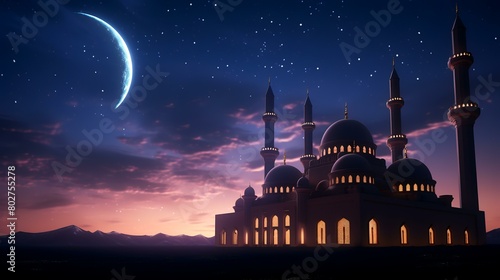 Mosque in the evening. 3D render. Computer graphics.