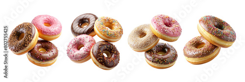 Collection of round donut doughnut, pink set, flying falling with sprinkles on transparent background cutout, PNG file. Many assorted different. Mockup template for artwork