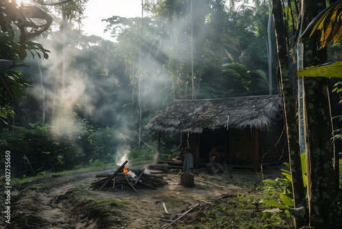 A hut with smoke coming out of it