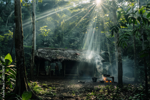 A hut with smoke coming out of it