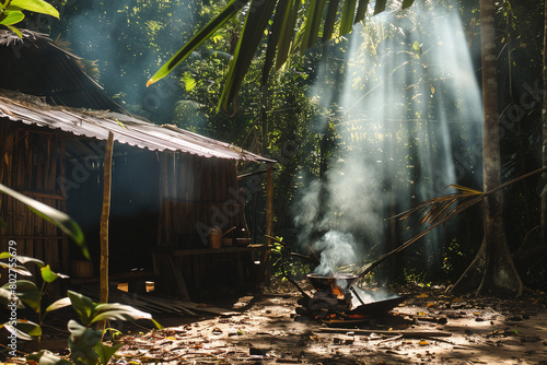 A hut with smoke coming out of it photo