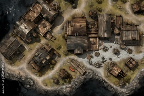 DnD Battlemap Ghouls in abandoned town - Wooden houses and spooky atmosphere.