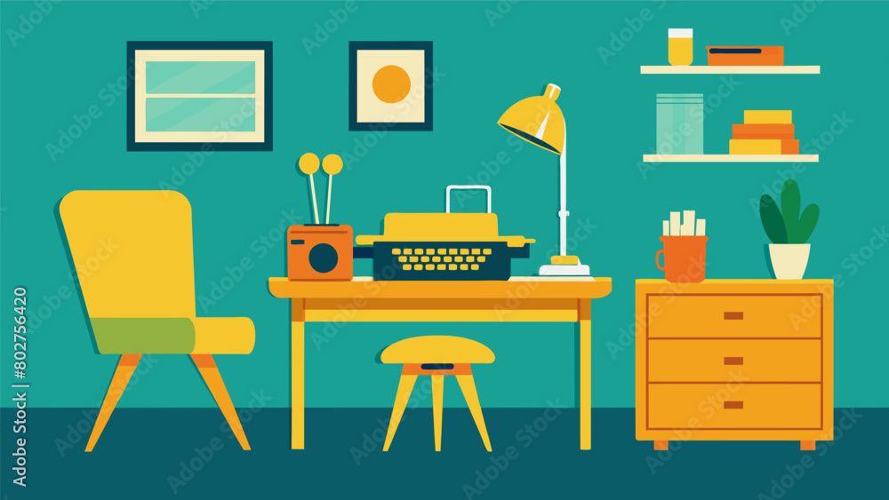 A retroinspired home office with a thrifted desk painted in bright yellow a thrifted midcentury modern chair and a thrifted typewriter.. Vector illustration A retroinspired home office with a thrifted desk painted in bright yellow a thrifted midcentury modern chair and a thrifted typewriter.. Vector illustration