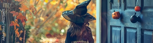 Child dressed as a witch trickortreating at a haunted house door, festive and familyfriendly Halloween fun photo