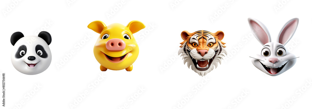 Fototapeta premium Funny Animals cartoon set with a smiling face on transparent background cutout, PNG file.