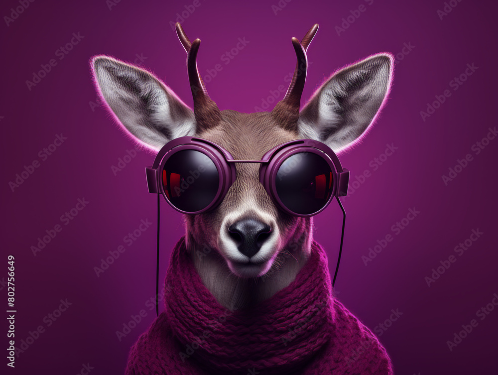 A deer with sunglasses on its face and a purple scarf around its neck