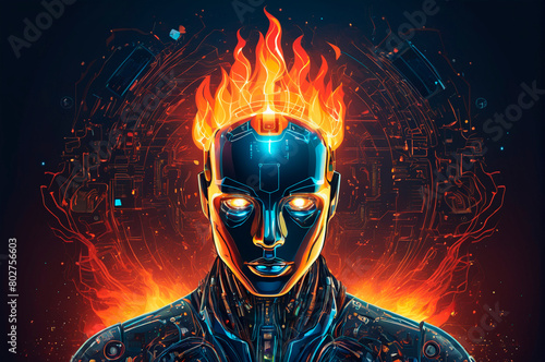 Artificial intelligence with fire, in the world of digital computers, in vector style. Generative AI © Denis Lytiagin