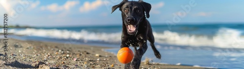 Black dog playing fetch on a sunny beach, capturing fun and active lifestyle, great for outdoor pet gear promotions photo