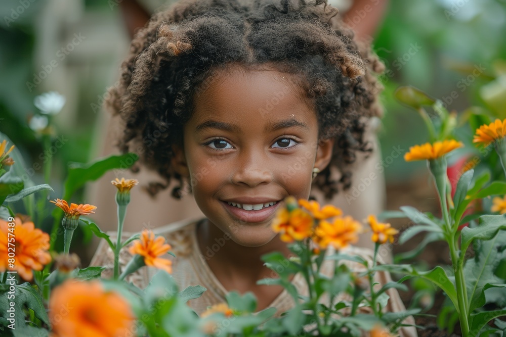 A young girl stands in a sunny meadow with blooming flowers and green grass. A young girl stands in a sunny meadow with blooming flowers and green grass.