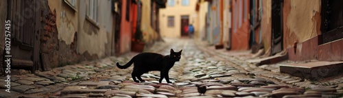 Black cat crossing a cobblestone street in an old European town, adding a sense of mystery and oldworld charm photo