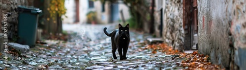 Black cat crossing a cobblestone street in an old European town, adding a sense of mystery and oldworld charm photo