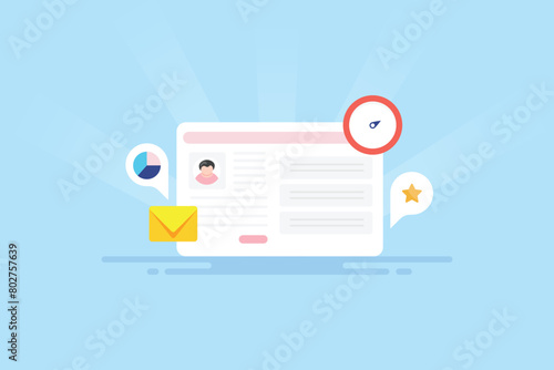 Business solution customer data management and storage, client profiling visualizing information and marketing process dashboard vector illustration concept.