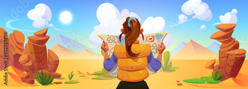Canyon desert landscape and woman with map cartoon. Western game background with tourist on sunny day. Drought egyptian or mexican wilderness adventure. Wild dune mountain scene for hot excursion photo