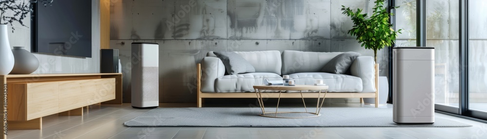 Air purifiers in a modern home setting, advertising the benefits of reducing indoor ozone for healthier living Air purifiers in a modern home setting, advertising the benefits of reducing indoor ozone for healthier living