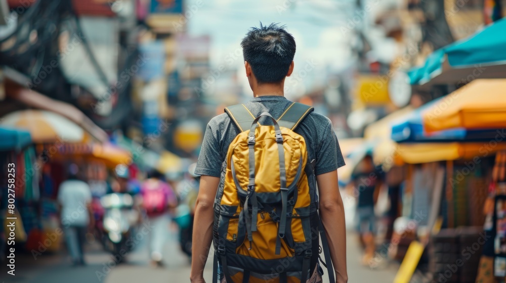 A young asian man in local market. Travel Concept Image.