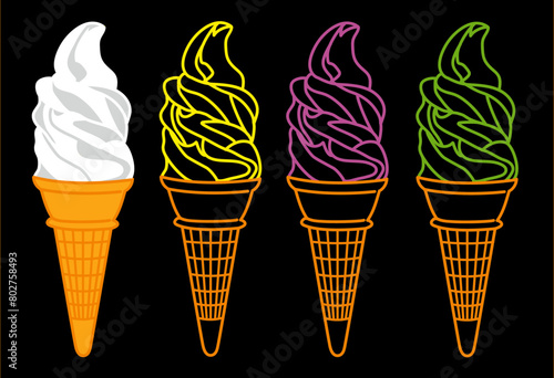 ソフトクリーム４種類、soft serve ice cream、whipped ice cream、バニラ、ストロベリー、抹茶、チョコ