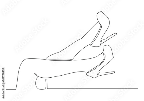 Continuous single line drawing of woman foot wearing high heel high hills shoes. One line art of sport shoes vector illustration photo