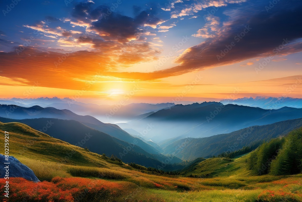 Mountain landscape at sunset, Generative AI Mountain landscape at sunset, Generative AI