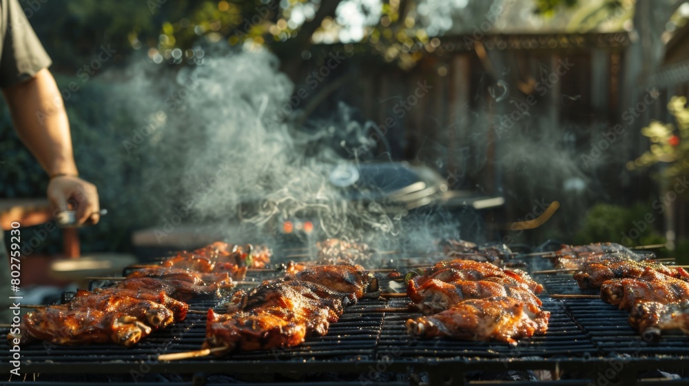 A backyard barbecue with a grill master tending to racks of seasoned chicken, smoke billowing as it cooks to perfection. A backyard barbecue with a grill master tending to racks of seasoned chicken, smoke billowing as it cooks to perfection.
