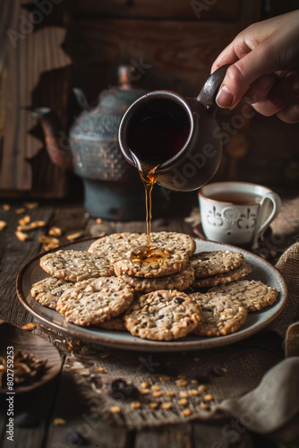 Rustic Morning with Oatmeal Cookies and Tea, generative ai